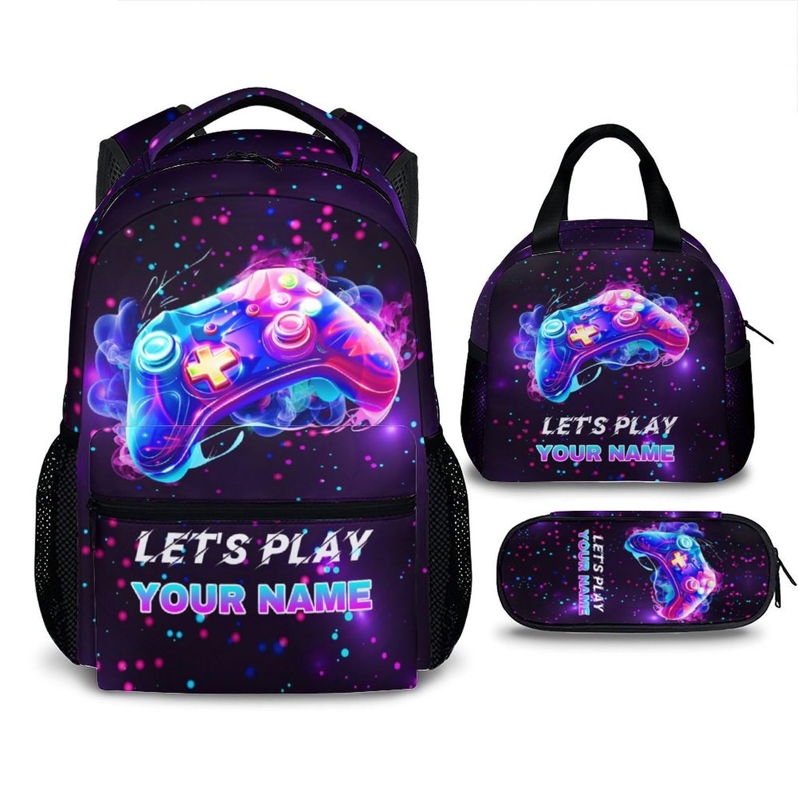 Backpack for Kids Boys Teens, Custom Gamer Schoolbag Set with Lunch Bag Pencil Case for Kindergarten Elementary Primary Middle College. 17 Inch