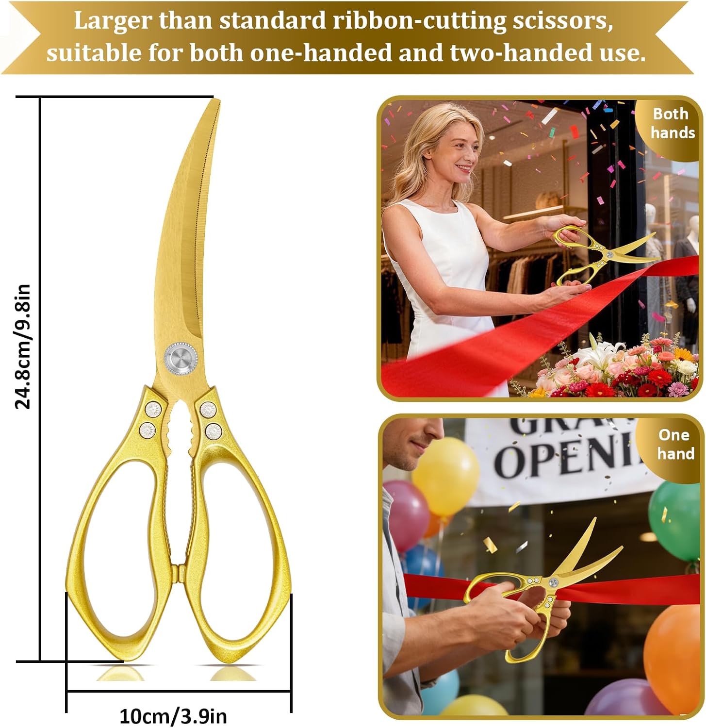 Large Ribbon Cutting Scissors,Heavy duty gold stainless steel scissors,With scissors and a pair of white gloves,Suitable for Ribbon-Cutting,Office,Home,and Crafts, Right/Left Handed (9.76 inches)
