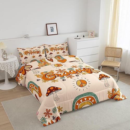 Miniatura 2 de Lindo edredón de champiñones tamaño individual para niños y niñas, juego de ropa de cama de flores geniales de los años 60 y 1970 con 1 funda de