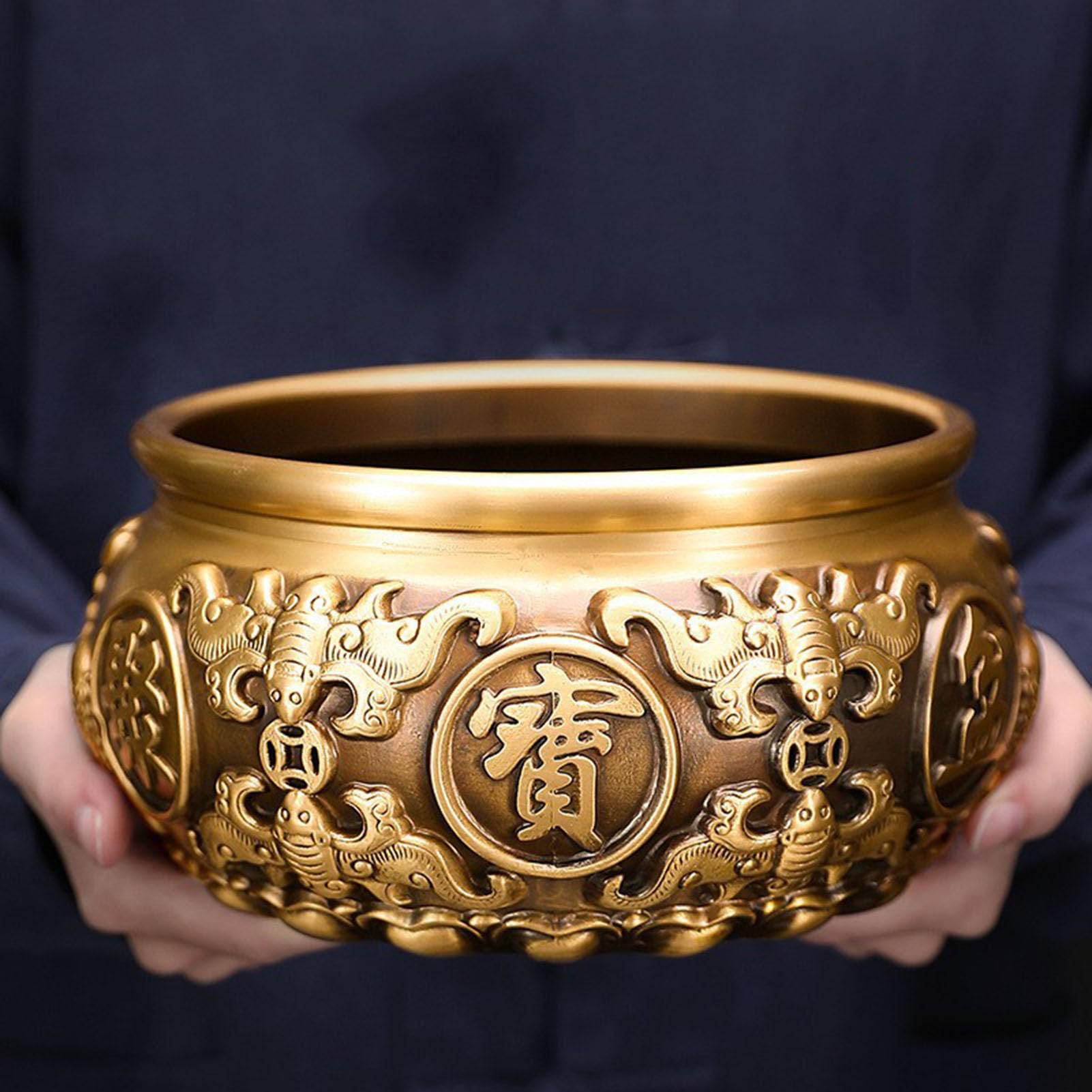 Vintage złota mosiężna miska na skarby-symbol bogactwa Feng Shui, ręcznie wykonany metalowy wystrój na biurko w domu ołtarz, centralny element obfitości i szczęścia,19CM