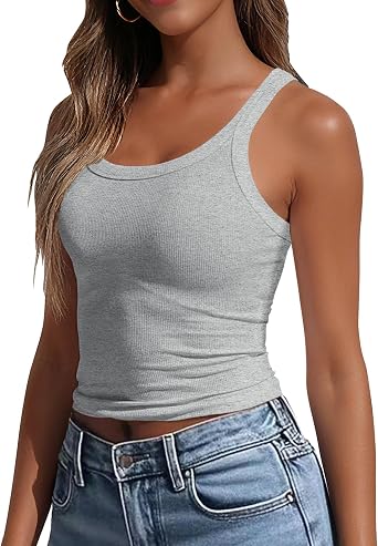 GEMBERA Womens Scoop Neck Sleeveless Fitted Ribbed Knit Basic Layering Cropped Tank Top Shirts Camisole