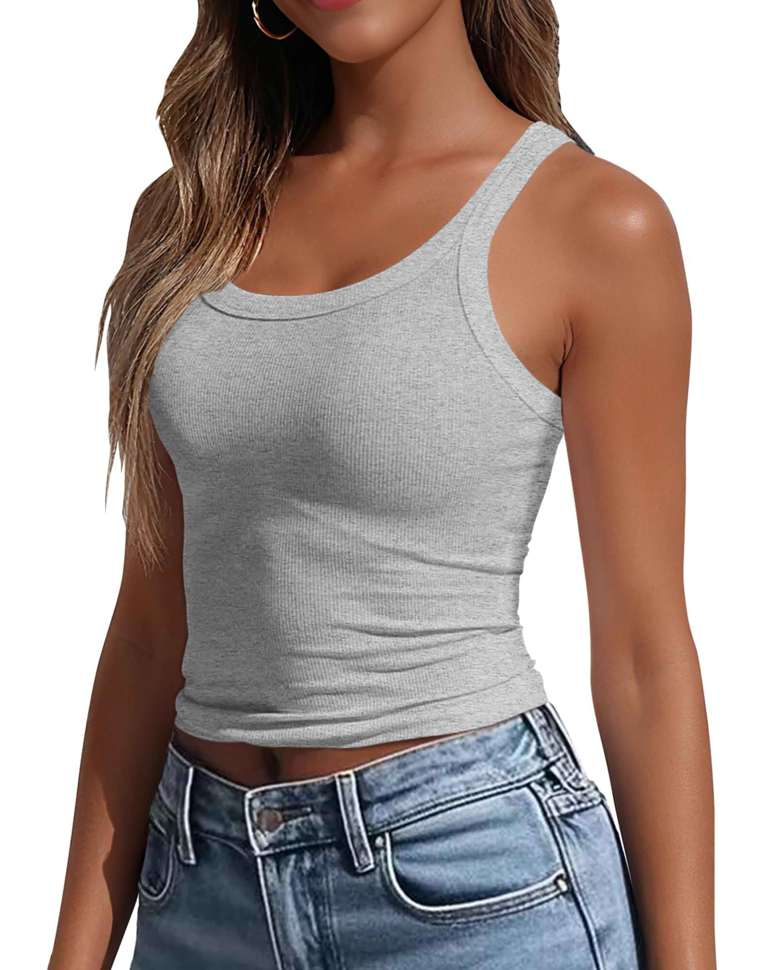 GEMBERA Womens Scoop Neck Sleeveless Fitted Ribbed Knit Basic Layering Cropped Tank Top Shirts Camisole Fitted