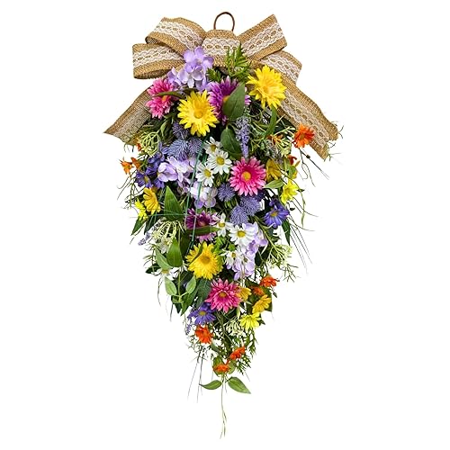 25 Inch Lighted Spring Summer Teardrop Swag with Timer Daisies