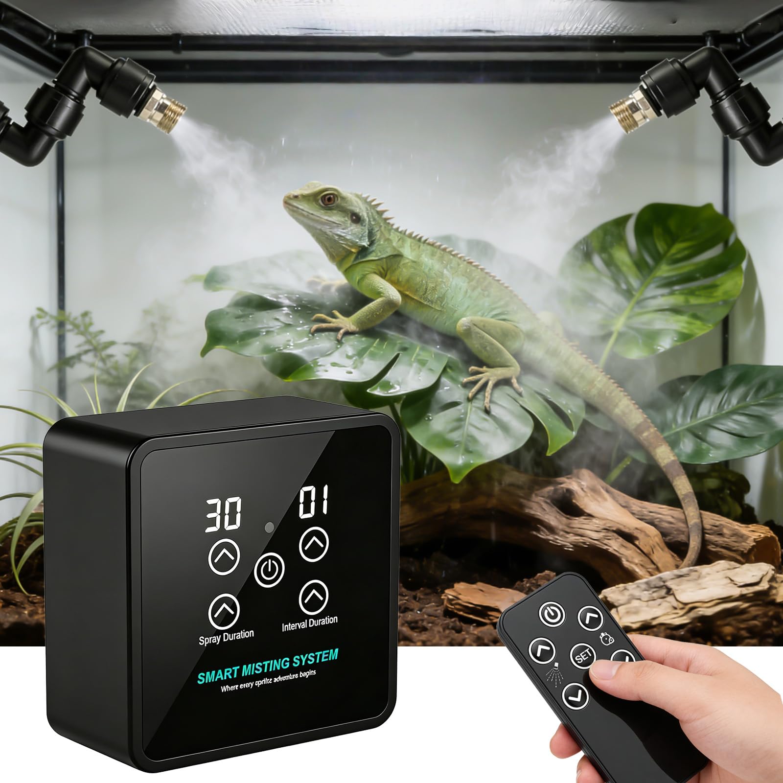 Humidificador de reptiles, sistema de pulverización inteligente para reptiles con mando a distancia, sistema de niebla de reptiles, atomizador automático inteligente giratorio de 360 ° para reptiles