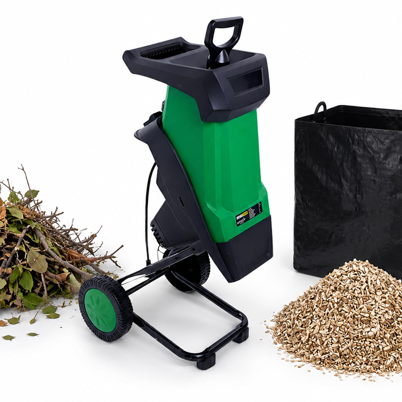 Biotrituradora Eléctrica de Madera Portátil con Tolva, Cuchillas Rotativas 2400 W, Bolsa de Recolección 50 L, Herramienta de Jardín para Compostar Ramas, Ramitas y Residuos