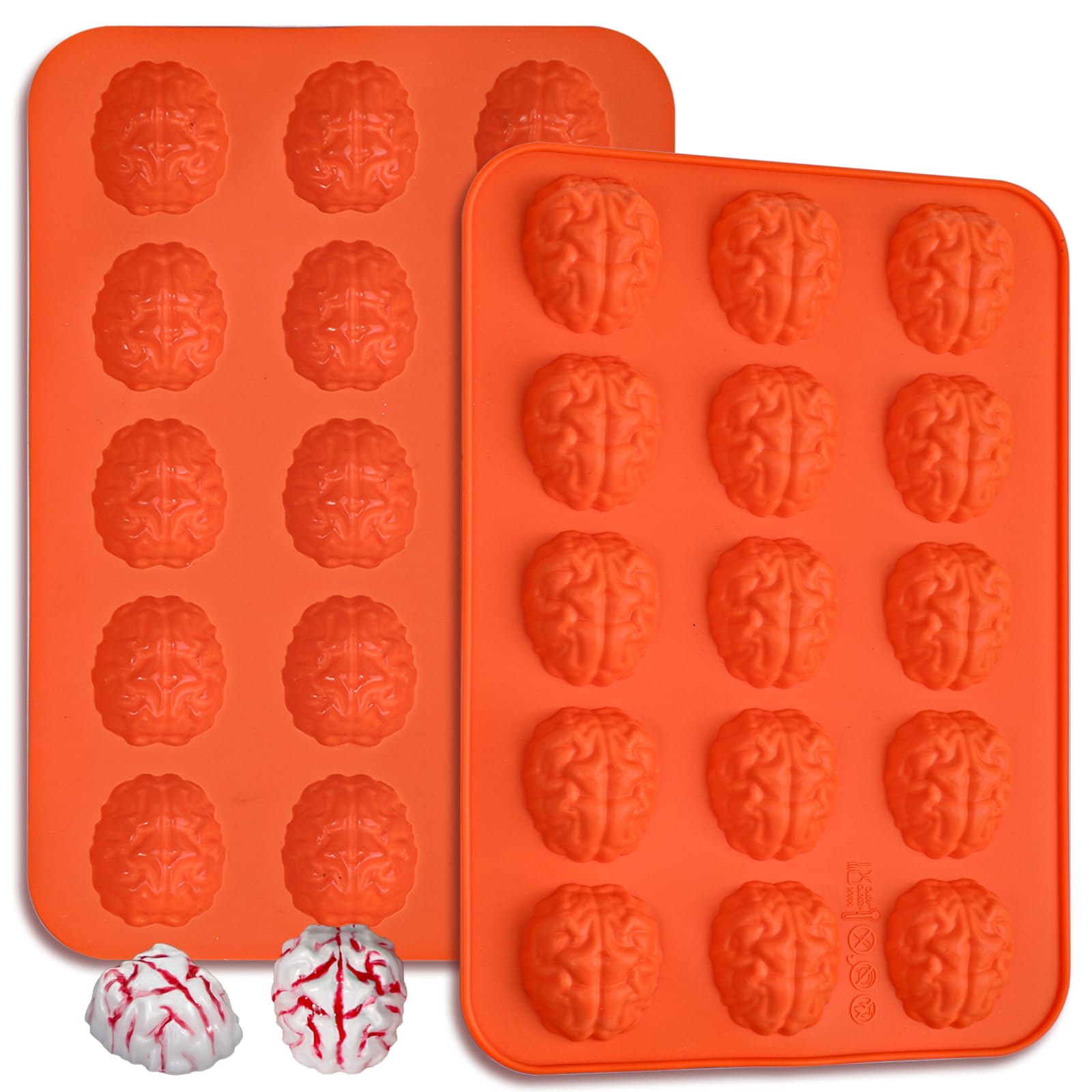 Webake Brain Chocolate Mold, Bite Size Halloween Brain Silicone Molds 15-Cavity for Halloween Plaster, Chocolate, Candy, Jello, Cupcake, Treats, Pack of 2