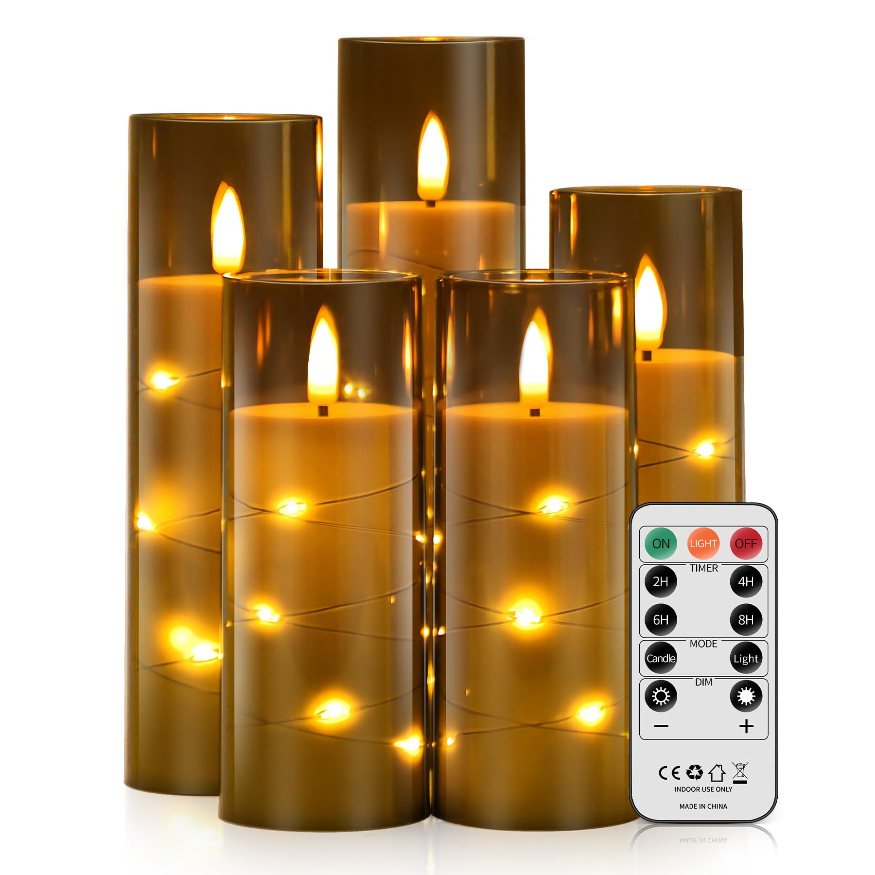 Forever Speed 5 Piezas Velas LED con Cuerdas de Luces Incrustadas, Regulable Velas LED Efecto Llama con Mando a Distancia Velas Decorativas para La Decoración Casera del Partido, Boda - Gris