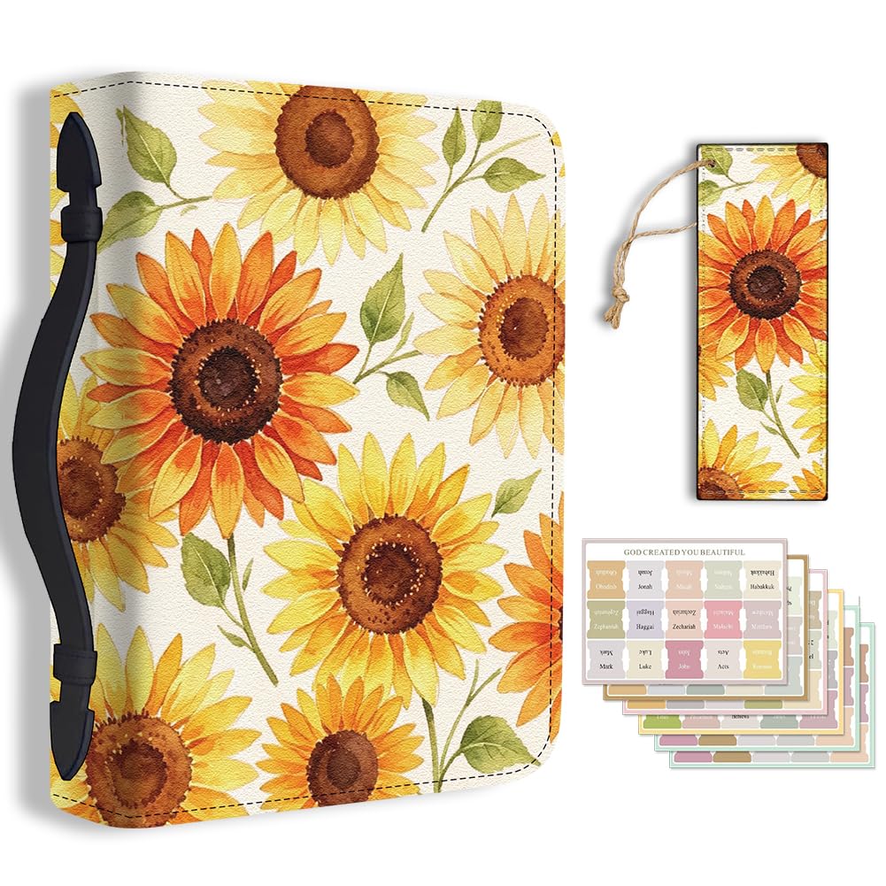 TNKBREEZE Women's Bible Cover Watercolour Sunflower PU Leather Bible Case