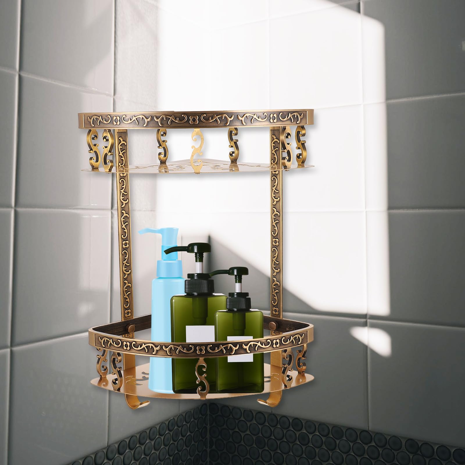 YARNOW Mensola Angolare da Parete in Alluminio Stile Europeo, Organizzatore da Bagno Multiuso senza Foratura, Scaffale Sospeso per Doccia e Wc, Portaoggetti Compatto per Shampoo
