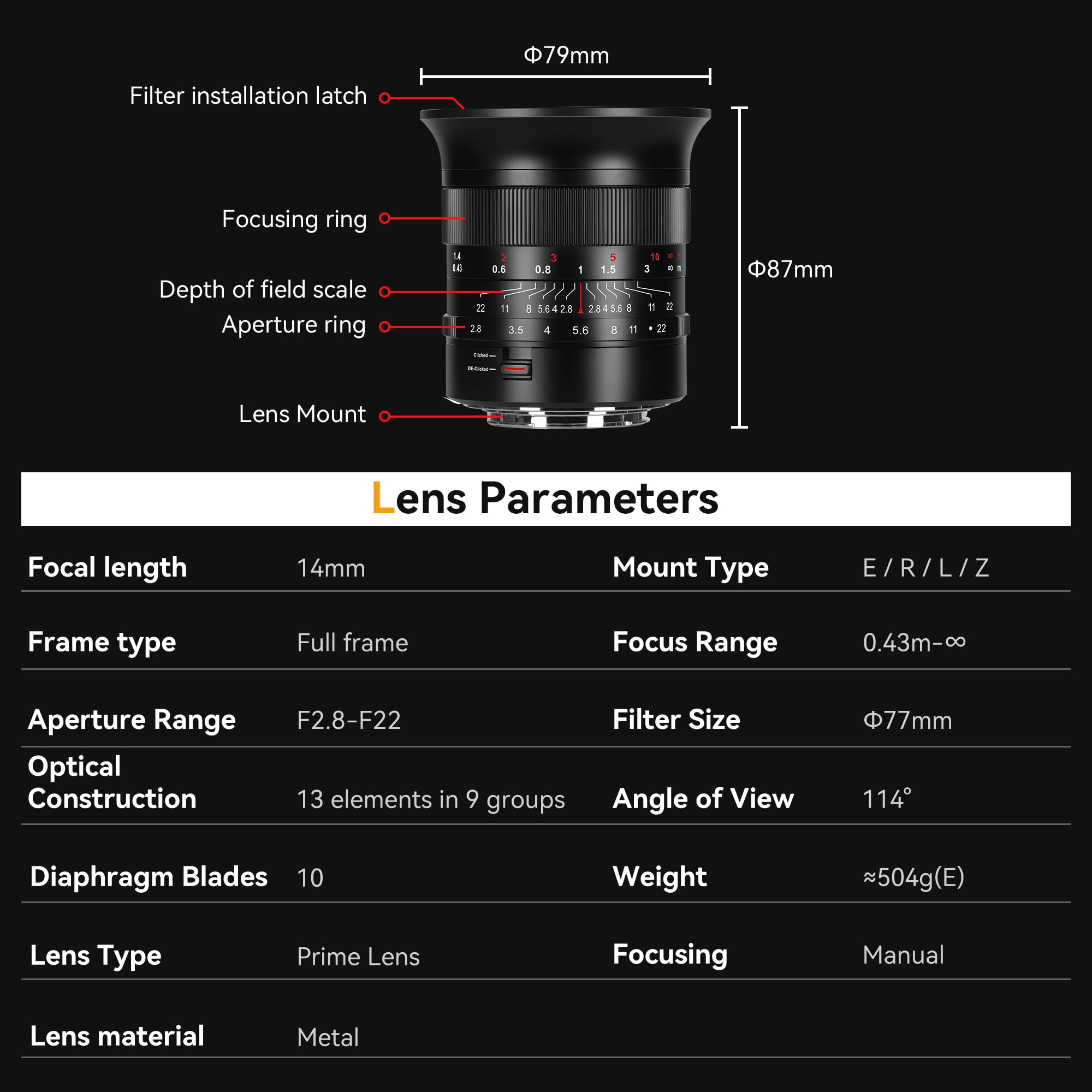 Objectif 7artisans MF14mm F2.8 Plein Format Ultra Grand Angle Grande Ouverture 114° Compatible avec Les appareils Photo Hybrides Sony à Monture E FX3, FX30, A1, A9, A7m, A7r, A7s, A7c