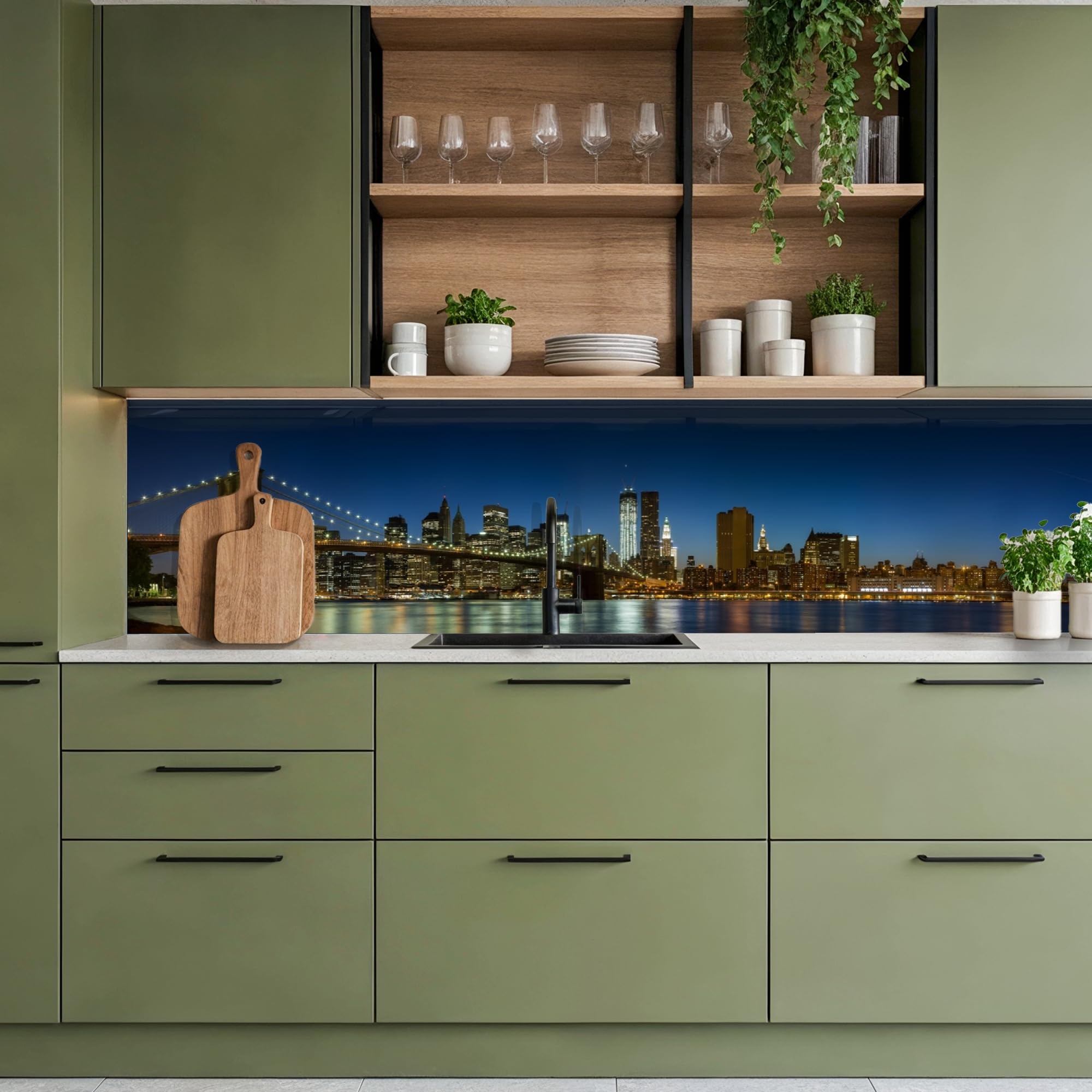 KitchenYeah© Spritzschutz Küchenrückwand 60x300 cm Selbstklebend Küche Rückwand Küchenwand Wand Küchenfront Verkleidung Küchenspritzschutz Stadtlichter - Abend - Skyline - Brücke