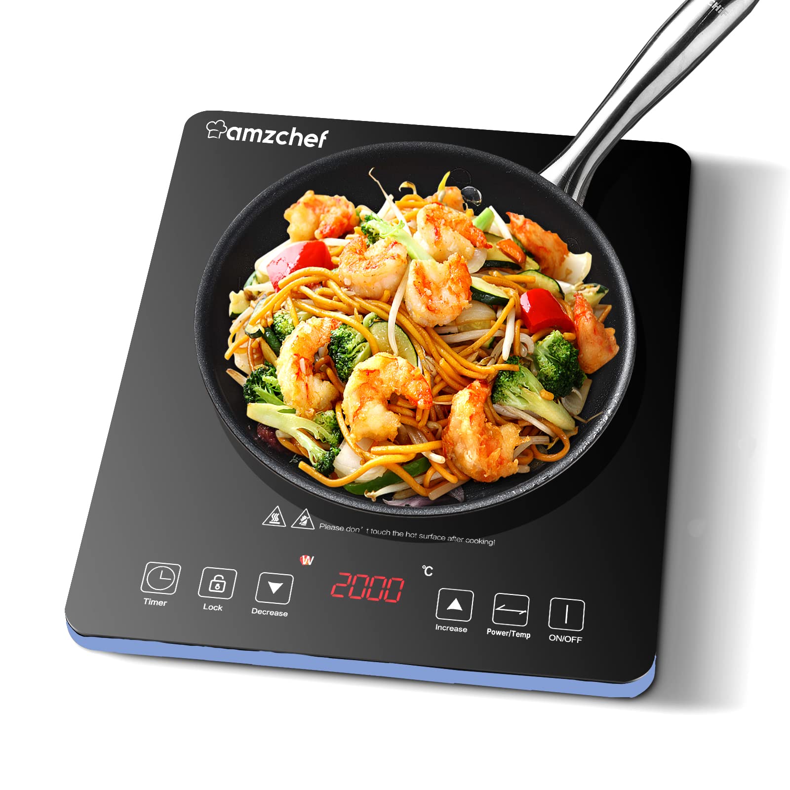 Induktionskochfeld,AMZCHEF einzel-induktionskochplatte mit schwarz polierter Kristallglasoberfläche,ultradünnem tragbar Design, Sensor-Touch-Steuerung und Sicherheitsschloss,2000W