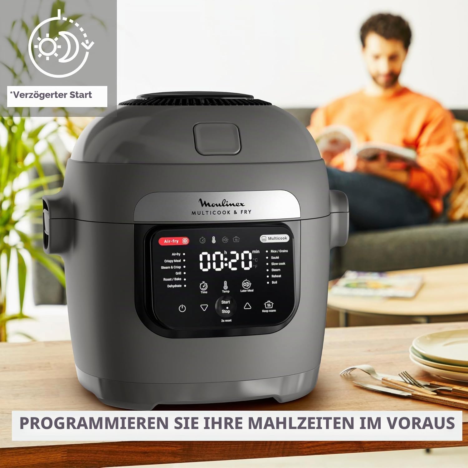 Moulinex Multicook & Fry, Multikocher & Integrierter Airfryer, 12 Programme, Kochen auf 2 Ebenen, verzögerter Start, 6L Kapazität, Hippo-Grau, MZ730BF0