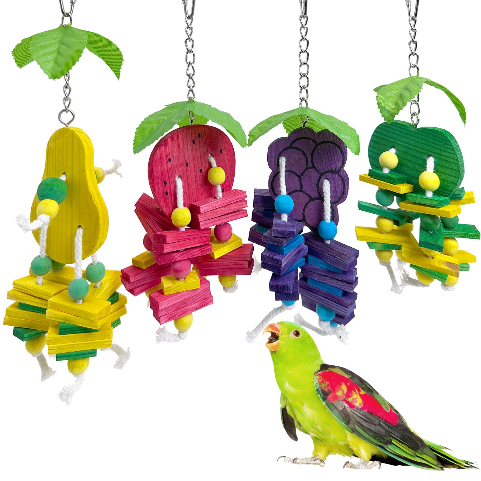 Hamiledyi Natural Wood Block Bird Cage Toys Parrot Chewing Toy Apple&Grape&Pear&Strawberry Shaped Hanging Foraging Toy for Small&Medium Birds Parakeets Cockatiels,4pcs