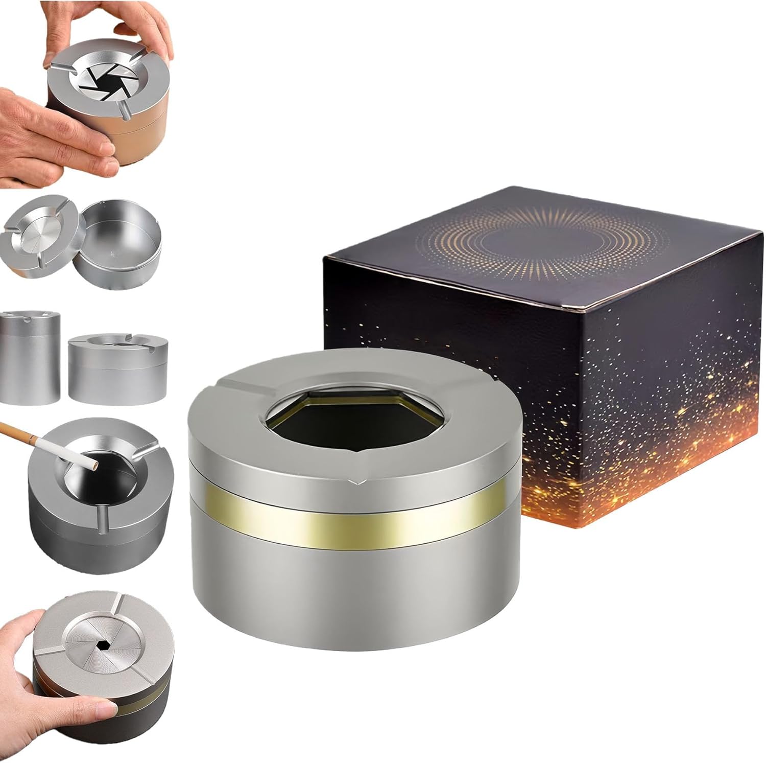 360° Stainless Steel Twist-Lock Ashtray,Windproof Odor-Proof Car Ashtray with Cigarette Holder, Rotating Spin Lid Auto-Extinguish Ash Tray for Car & Home(107 * 60mm)