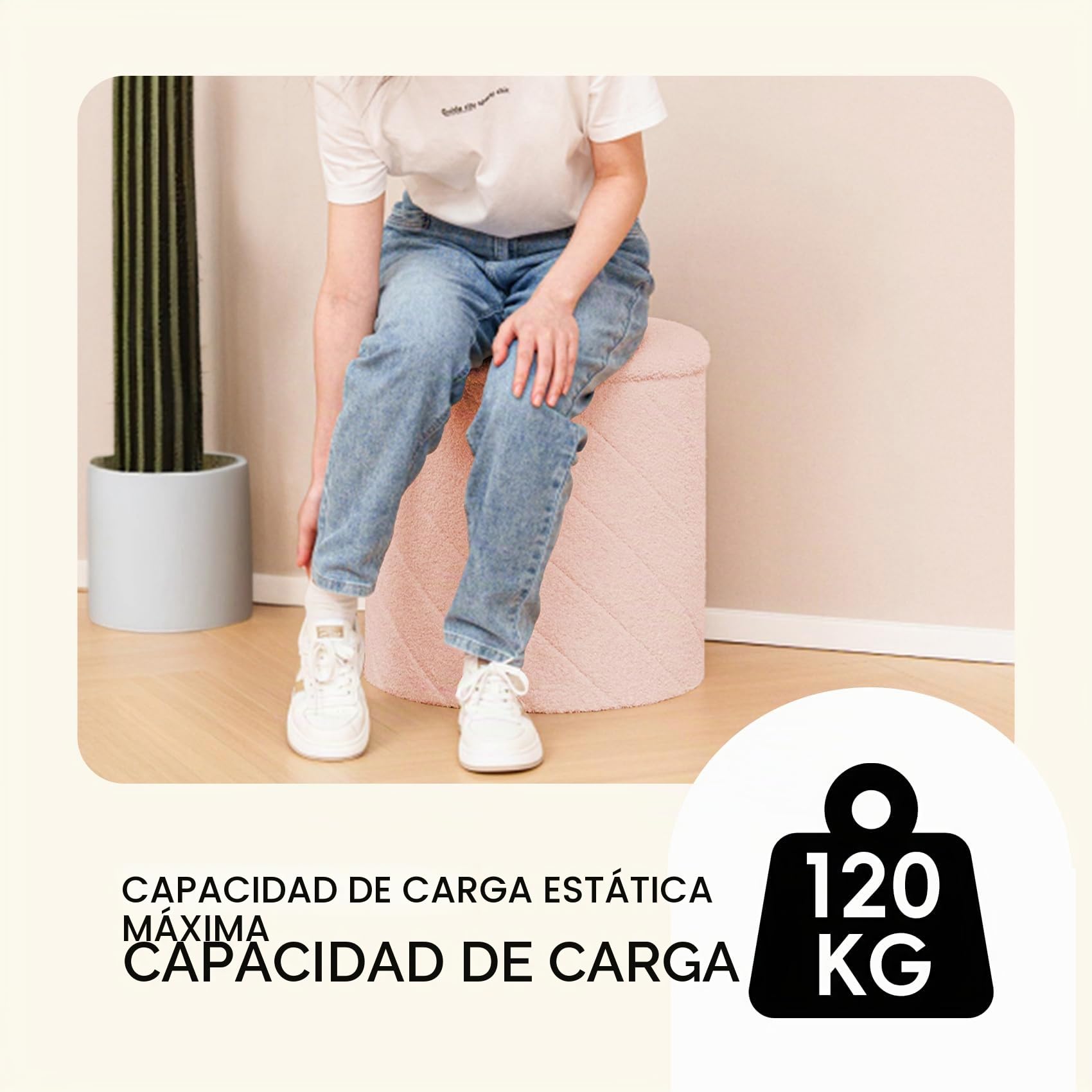 PINPLUS Puff Almacenaje Plegable con Tapa Reversible, Taburete Otomano Redondo Teddy Bouclé, Reposapiés para Salón o Dormitorio, Ø 43 x 45 cm, Rosa