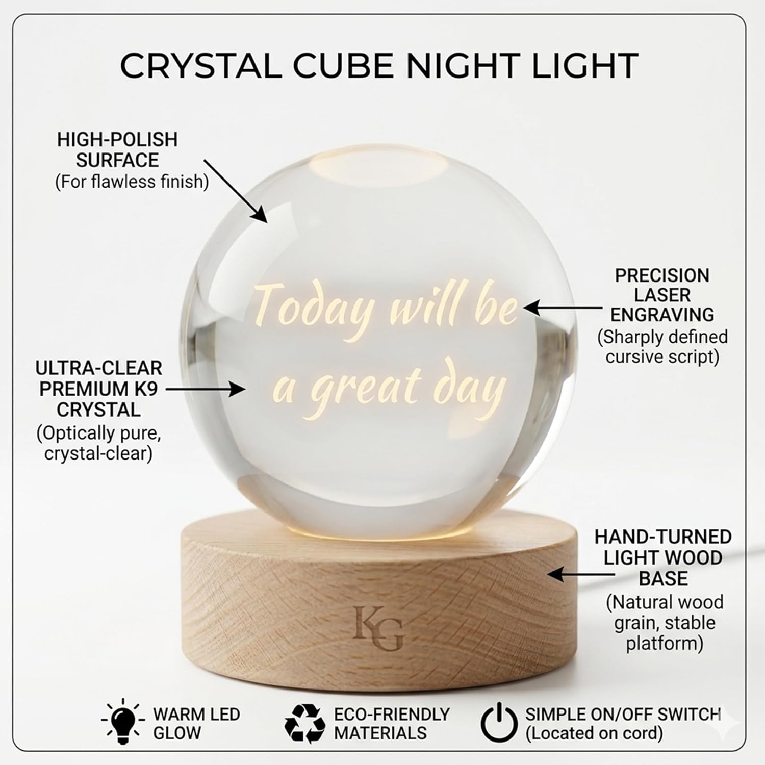 LED Crystal Ball Night Light | Inspirational Quote Crystal Sphere | Motivational Desk Lamp for Bedroom & Office | Elegant Crystal Light for Bedroom Decor & Meditation | 2.5 Inch Clear