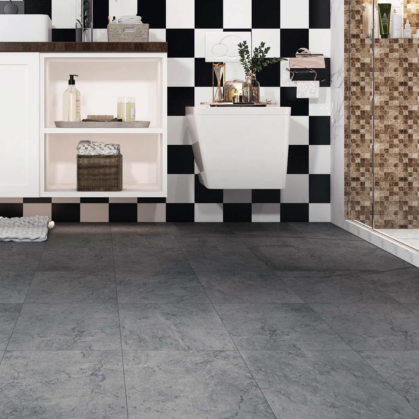 Livelynine 16 Dalles PVC Adhesive Sol Salle de Bain Lino Sol Effet Beton Revetement de Sols Carreau Ciment Gris Clair Imperméable Lame Adhesive Sols PVC Adhesif Cuisine Carrelage 30x30cm