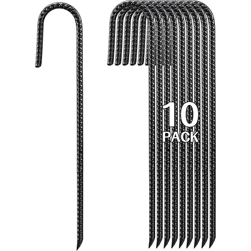 16 Inch Rebar Stakes Heavy Duty, 10 Pack J-Shaped Tent Stakes, Ground Anchor Stakes for Landscaping Plants Fabric Tube Fence, Black