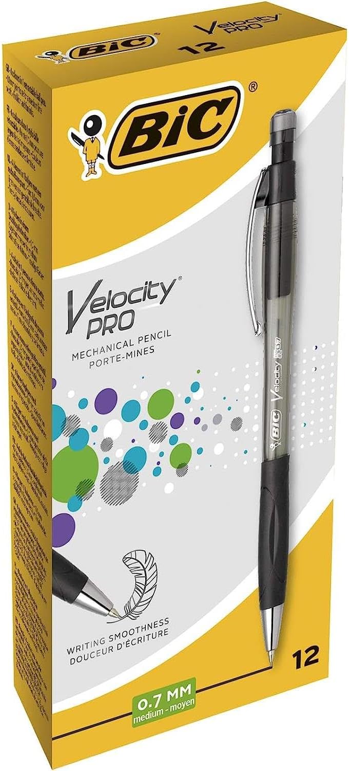 BIC Velocity Pro Refillable Mechanical Pencils - Black - Box of 12 (3 HB) Lead Pencils 0.7 mm with Eraser
