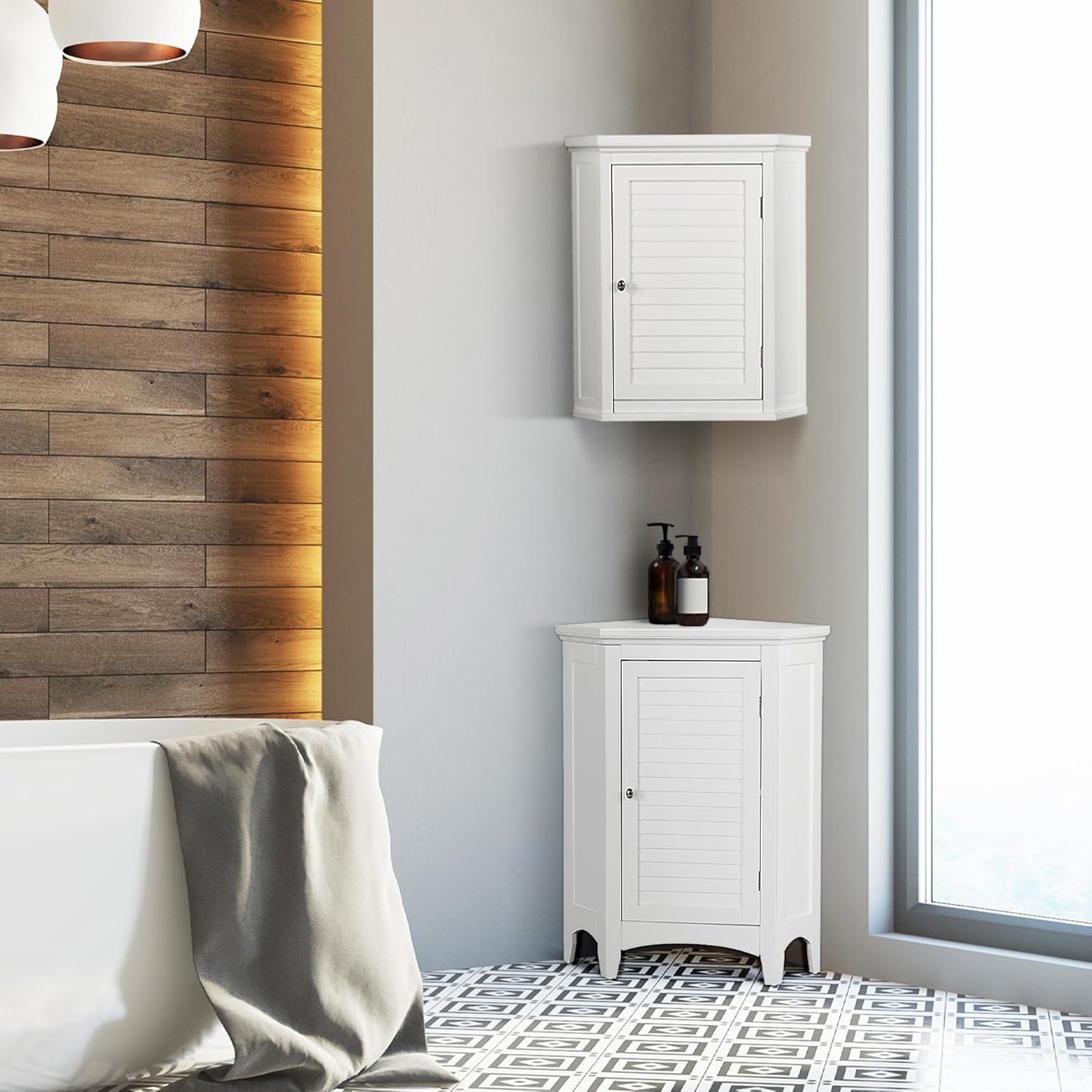 White corner wall cabinet mounted in a modern bathroom above a bathtub.