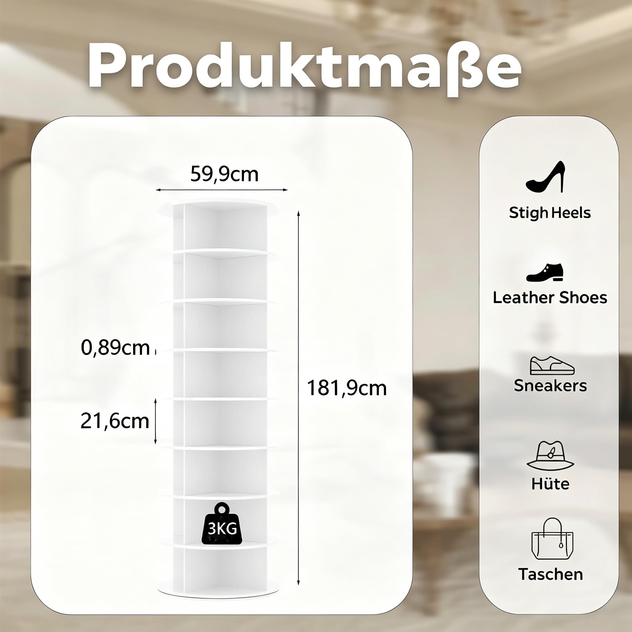 YODOLLA 8-stöckiges drehbarer Schuhregal, Weiß | platzsparender Aufbewahrungsständer für Schuhe & Taschen, ideal für Wohnzimmer, Flur & Schlafzimmer