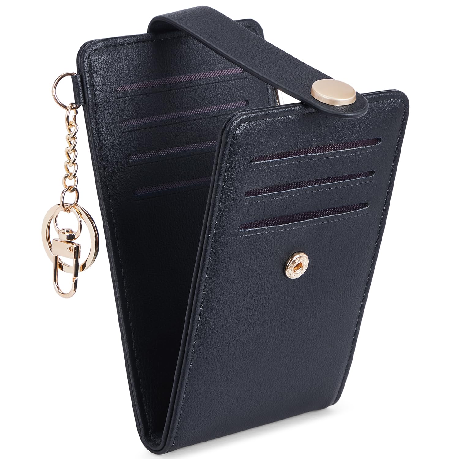 POIUGOYA Slim Wallet for Women,RFID Blocking Bifold Credit Card Holder with Zipper Coin Pocket,ID Window,Keychain, 1-PU Leather-Black, Minimalist