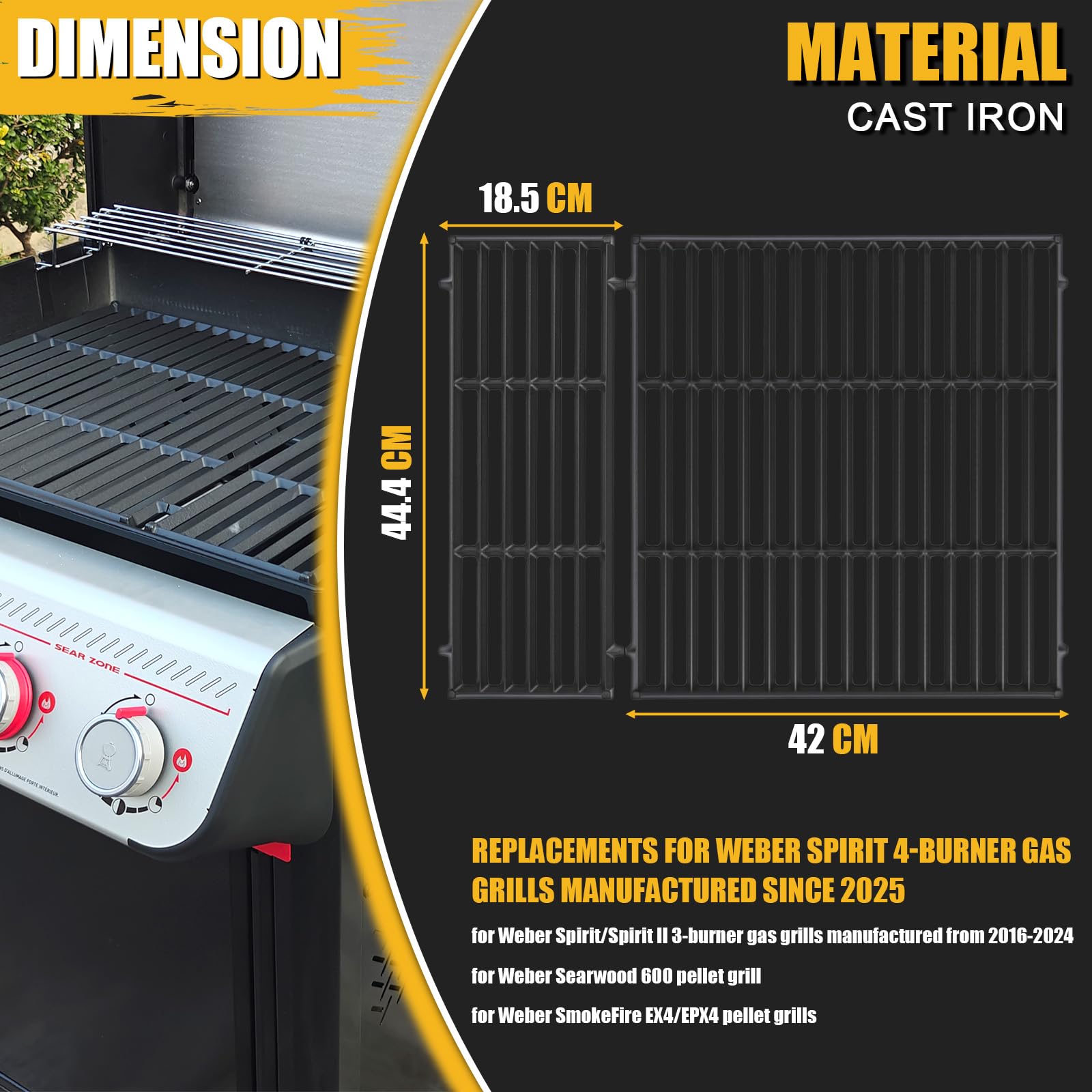 GFTIME Żeliwny ruszt do grilla Weber Spirit 4 palników, do grilla gazowego Spirit E425, do grilla gazowego Weber Spirit / Spirit II z 3 palnikami, do grilla na pellet Weber Searwood 600, do grilla na