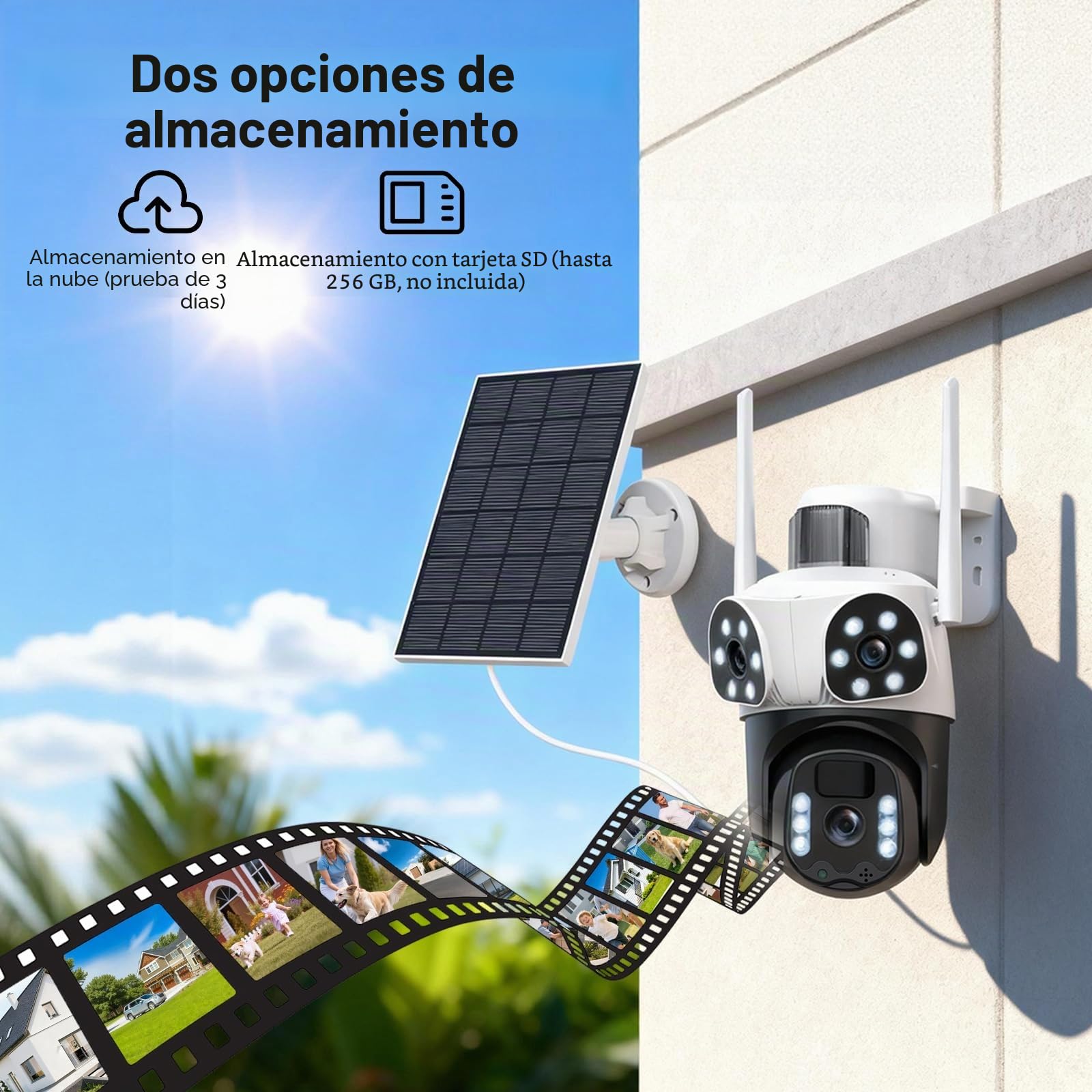 4K Triple Lente Camara Vigilancia WiFi Exterior con Panel Solar, 360°PTZ,Detección Humana PIR,Visión Nocturna en Color, Audio Bidireccional, Seguimiento Automático,Sirena,IP66,2.4G/5GHz,IP66