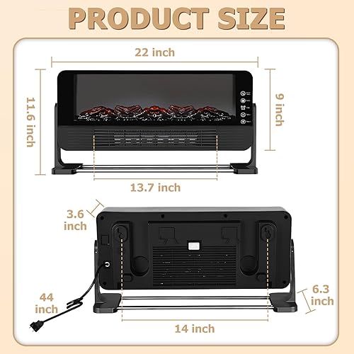 Miniatura 6 de Honitra Calentador eléctrico pequeño de 22 pulgadas con efecto de llama 3D, control remoto, calentadores de chimenea portátiles para uso en