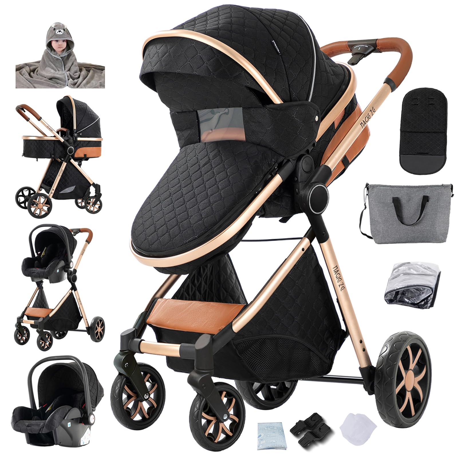 Passeggino 3 in 1 Neonati da Viaggio Reversibile Pieghevole One-Click Doppia Freno (Black)