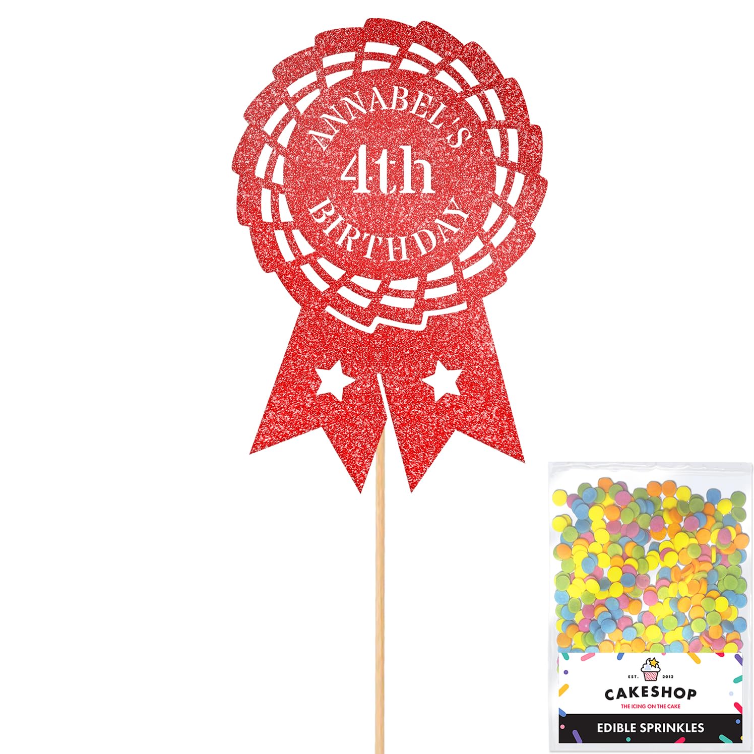 Personalised Horse Riding Rosette Award Glitter Cake Topper - Red Custom Age & Name Glitter Cake Decoration and Sprinkles - Happy Birthday Decorations - Personalised Toppers for Cakes by Cakeshop