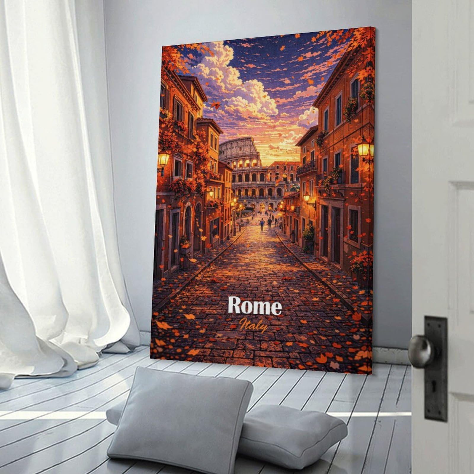 Junmoney Decorative Canvas Print Rome Street with Colosseum at Sunset, 20x30inch(50x75cm), for New Homes, Bedrooms Or Workspaces, Thoughtful Wall Decor for Art Lovers