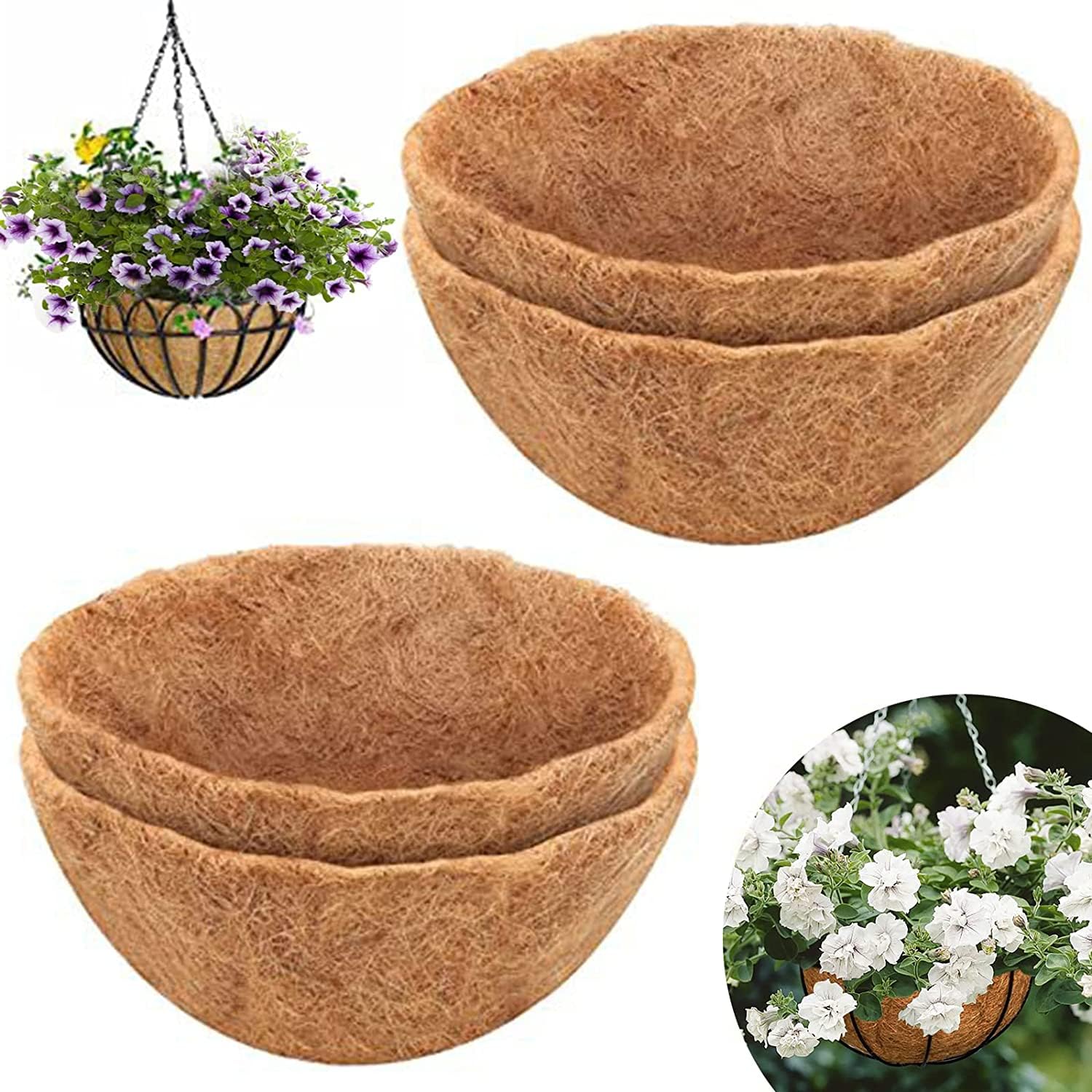 2 Pcs Hanging Basket Liner, 14-inch Round Coco Fiber Replacement Liner, Round Planter Liner for Hanging Basket, Indoor Outdoor Garden Porch Balcony Planter Wall Basket Liner Replacement