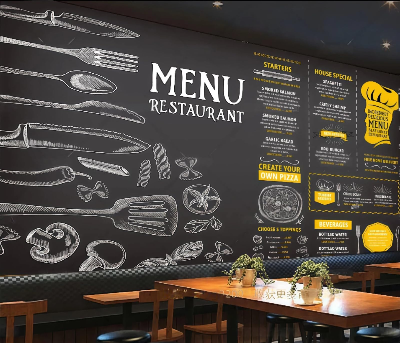 Rskjdghshd 3D Wallpaper Hand-Painted English Letters Gourmet Catering Illustration Theme Western Restaurant Background Wall Mural Afternoon Tea Coffee Shop Wallpaper,,250X175cm