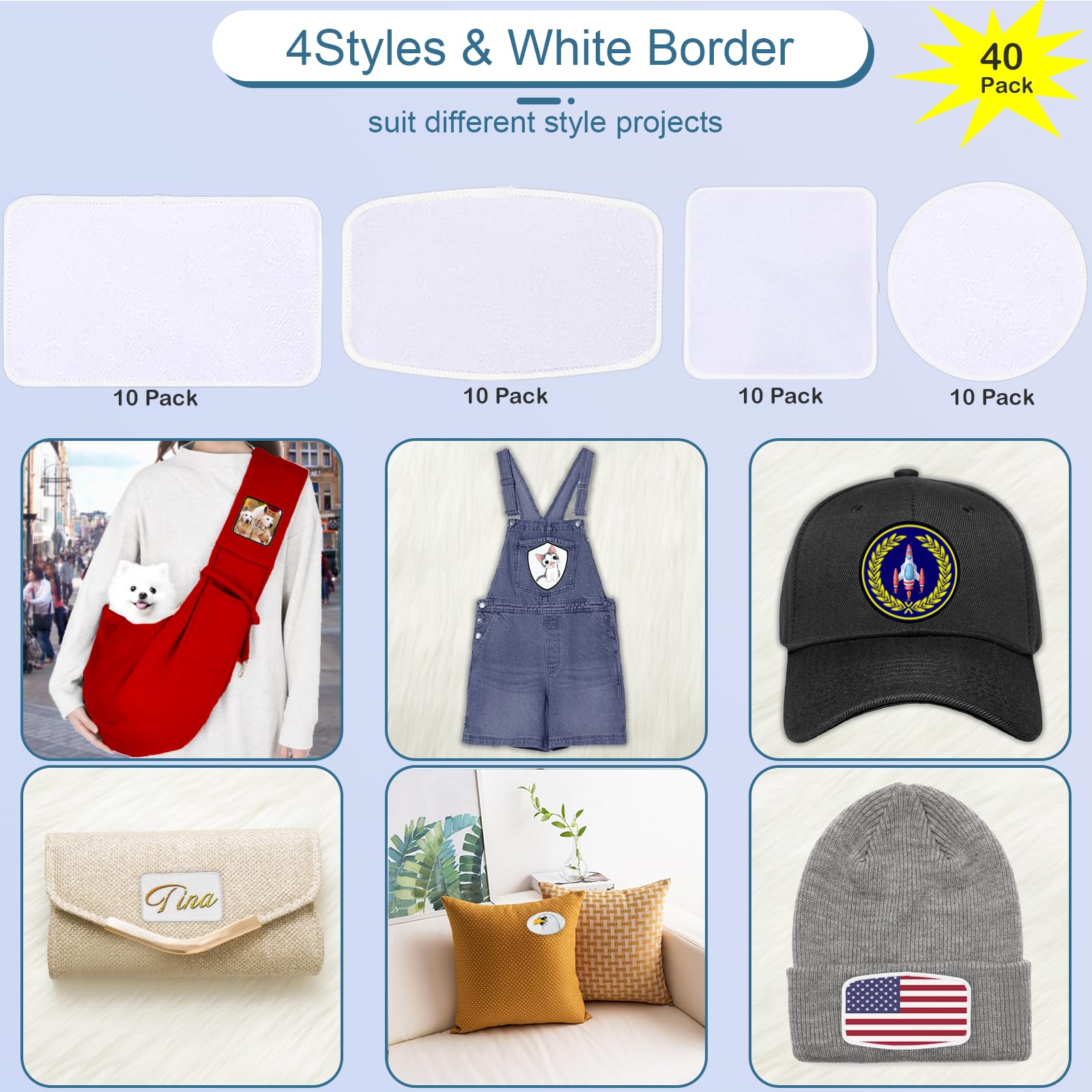 40 parches de sublimación en blanco, parche grande para planchar con borde blanco, exquisitos parches de tela para sombreros, mochilas, proyectos de camisetas (borde blanco de forma mixta)