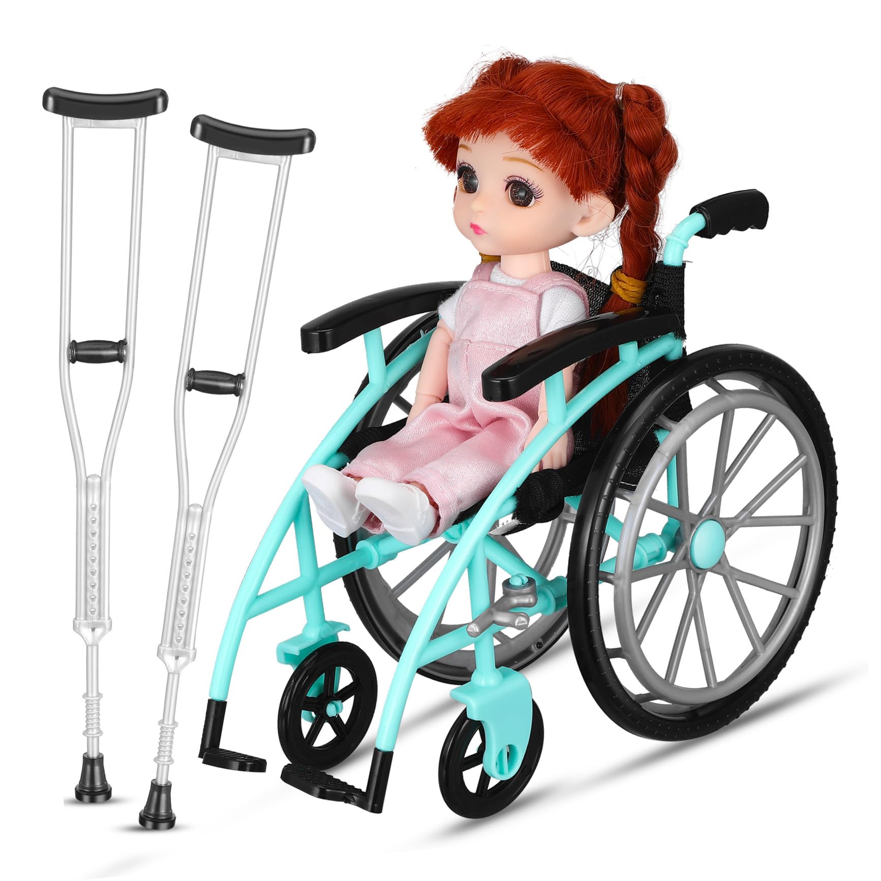 ORFOFE Doll and Wheelchair Set with Crutch Models, Plastic Miniature Chair Prop for Mini House DIY Doll House Accessory and Playset Decor