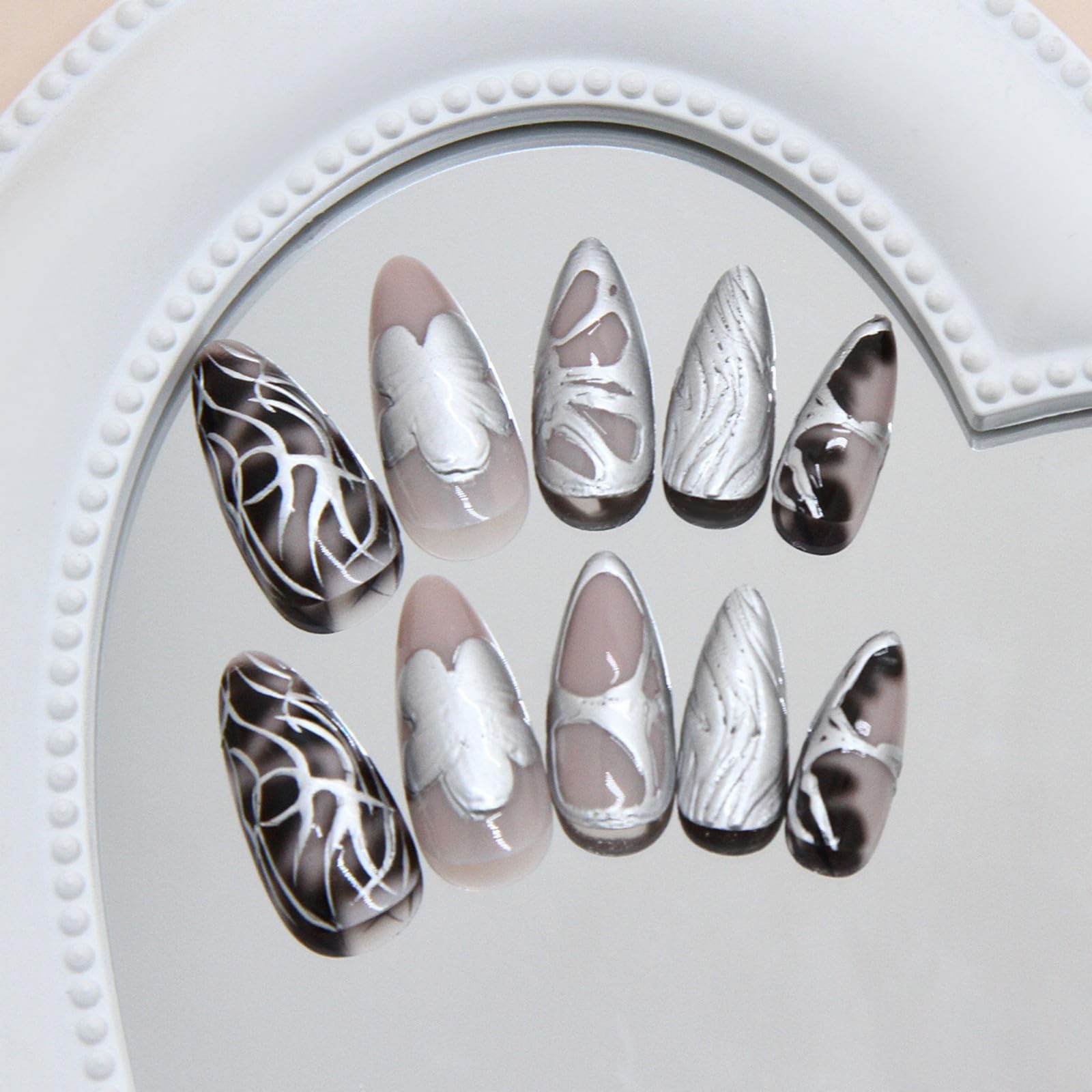 24Pcs Short Almond Press on Nails, Summer Nails with 3D Flowers Shading Silver Chrome Design, Full Cover Black Fake Nails - Image 4