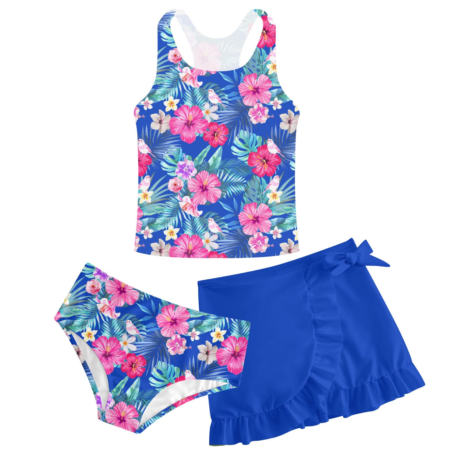 Girls Swimsuits 3 Piece Tankini Bathing Suit Set Cute Bikini Swimwear 5-16Y | 3 Piece, Padded, Cover Up Skirt, Lightweight，Breathable， No Shrink, No Fade, 3D Print Swimsuit for Beach Holiday Vacation