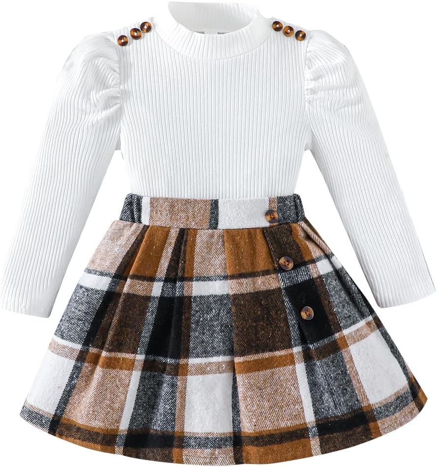 Toddler Girl Clothes,Girls Clothes Skirt Set Puff Sleeve Tops + Plaid Skirt 2 Pcs Fall Winter Outfits