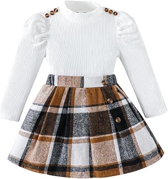 Toddler Girl Clothes,Girls Clothes Skirt Set Puff Sleeve Tops + Plaid Skirt 2 Pcs Fall Winter Outfits