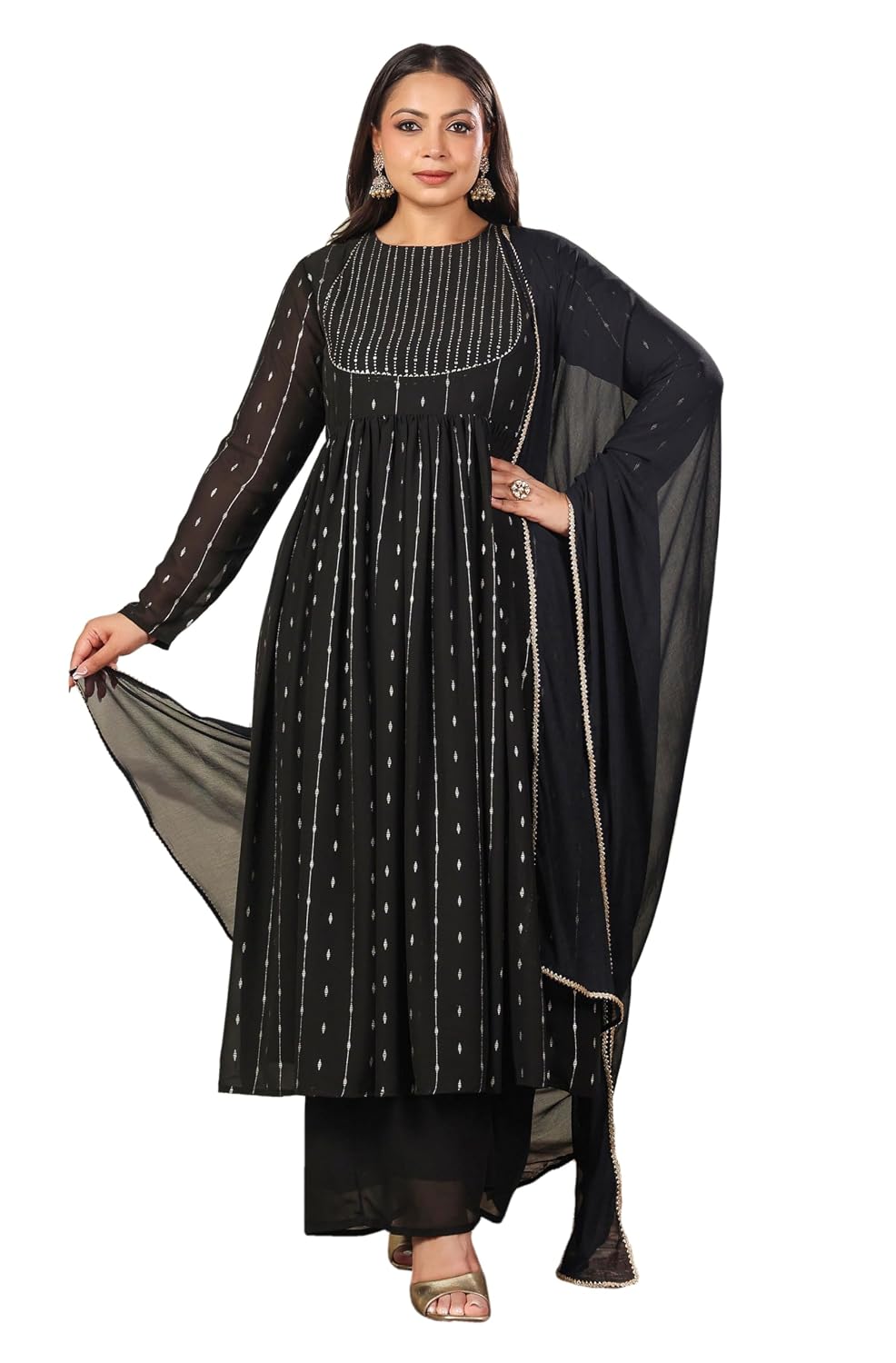 Janasya Black Georgette Kurta with Palazzo & Dupatta for Women Foil Print Print Ethnic Wear - Review, Price and Buying Guide