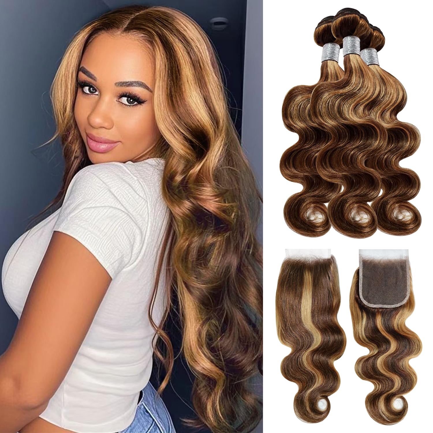 Brown Highlight Body Wave Human Hair Colored 3 Bundles with 4x4 lace closure 16 18 20+16inch, Brazilian Remy Hair Ombre Human Hair Wavy Weaves
