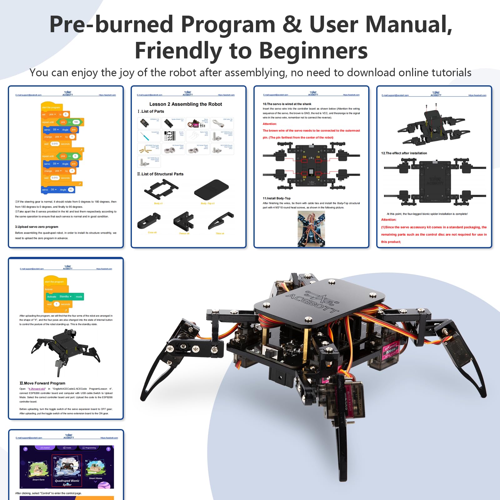 ACEBOTT Quadruped Bionic Spider Robot, Kit d'apprentissage STEM QD020, Noir, Contrôle par Application, Robot Programmable pour Enfants 8+ Ans, avec Batterie 18650
