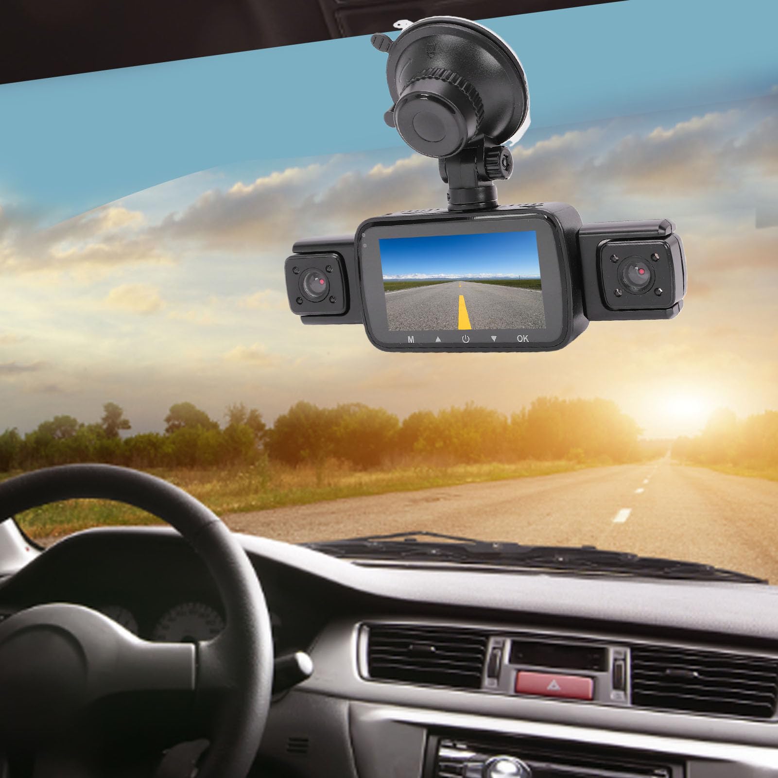 PUSOKEI Videocamera Dash Cam 4 Lenti, 1080P HD Anteriore Posteriore | Wide Angle Dashboard Camera Recorder with 3 Inch Screen for Car Driving