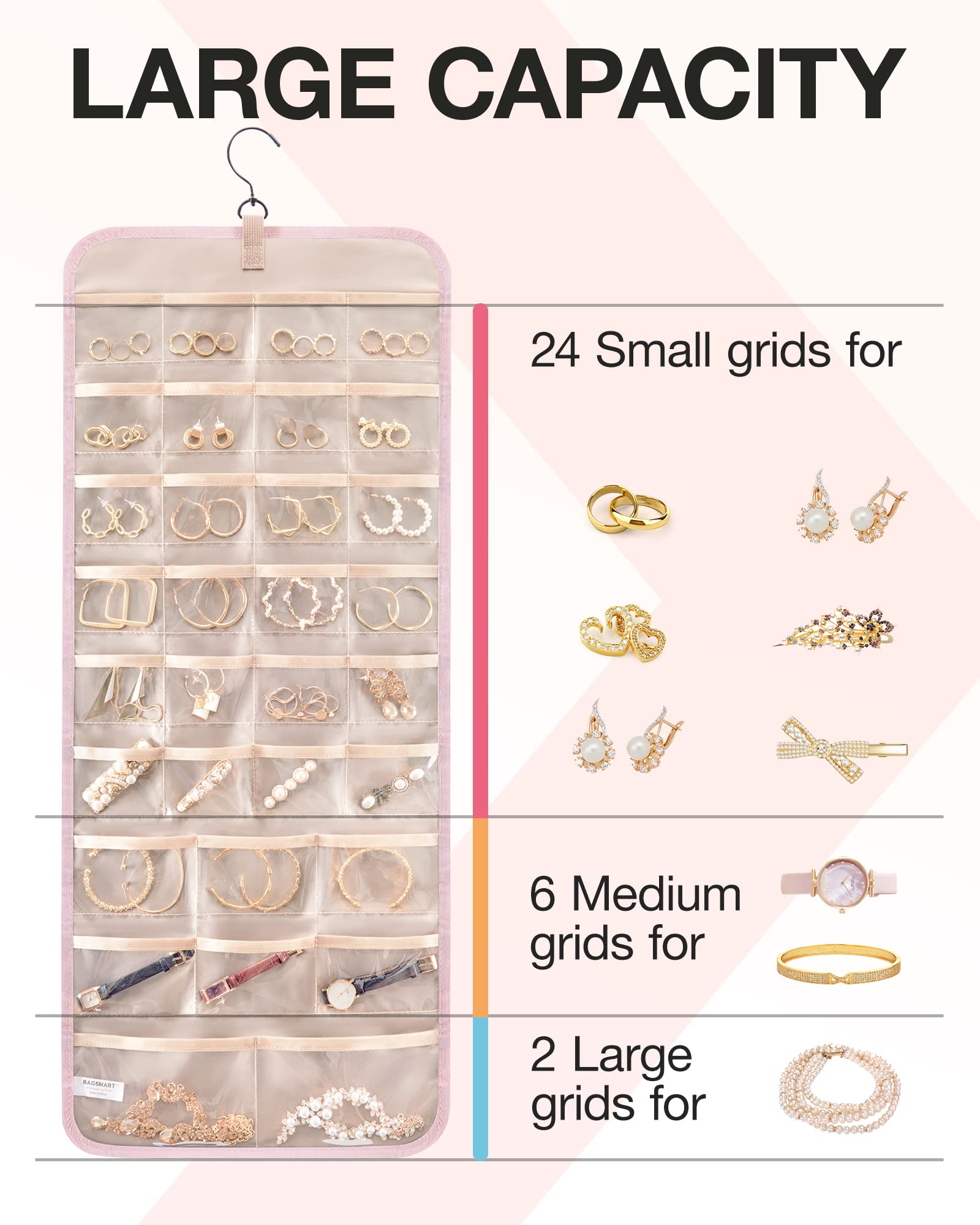 Bagsmart Organisateur de bijoux à suspendre - Rouleau de rangement double face avec crochet en métal - Grand format