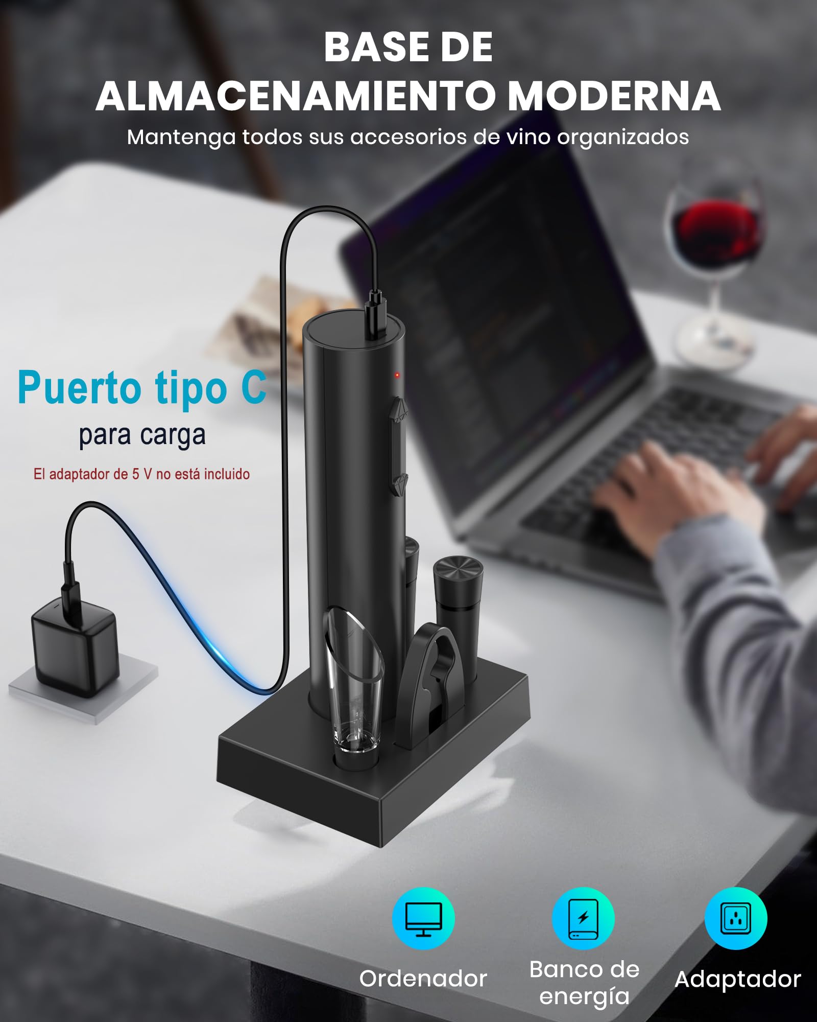 Sacacorchos eléctrico recargable, abridor de vino electrico saca rolhas regalos para hombre mujere abrebotellas con vertedor aireador, 2 tapón de vino al vacío, cortador láminas y cable USB