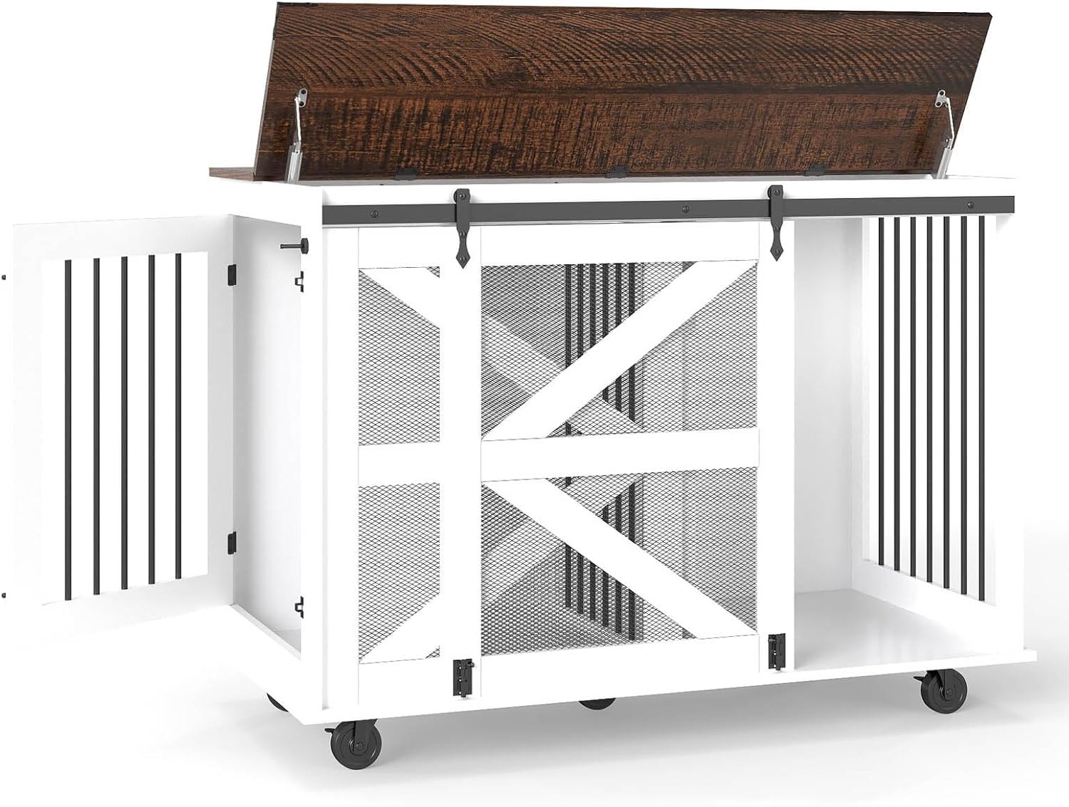 47" Large Dog Crate Furniture with Sliding Door, XL Wooden Dog Kennel Furniture Indoor with Wheels and Removable Divider, Farmhouse Decorative Pet Cage End Table, White