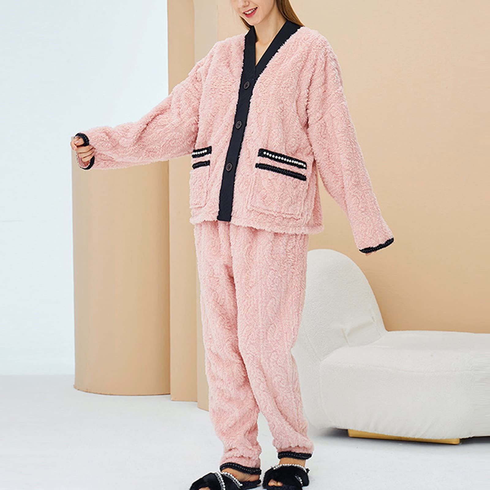 CMBSSTFC Warmer Flanell-Pyjama für Damen, kuschelig Warmer Damen-Pyjama, Winter-Pyjamahose + Langarm-Pullover, kuscheliger Anzug, Zweiteiliger Fleece-Pyjama, Flauschiger Hausanzug für Mädchen