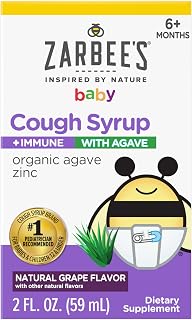 Zarbee's Baby Agave Cough Syrup + Immune for Babies 6+ Months, Safe & Effective with Cough Soothing✝ Organic Agave & Zinc for Immune Support*, Natural Grape Flavor, 2Fl Oz